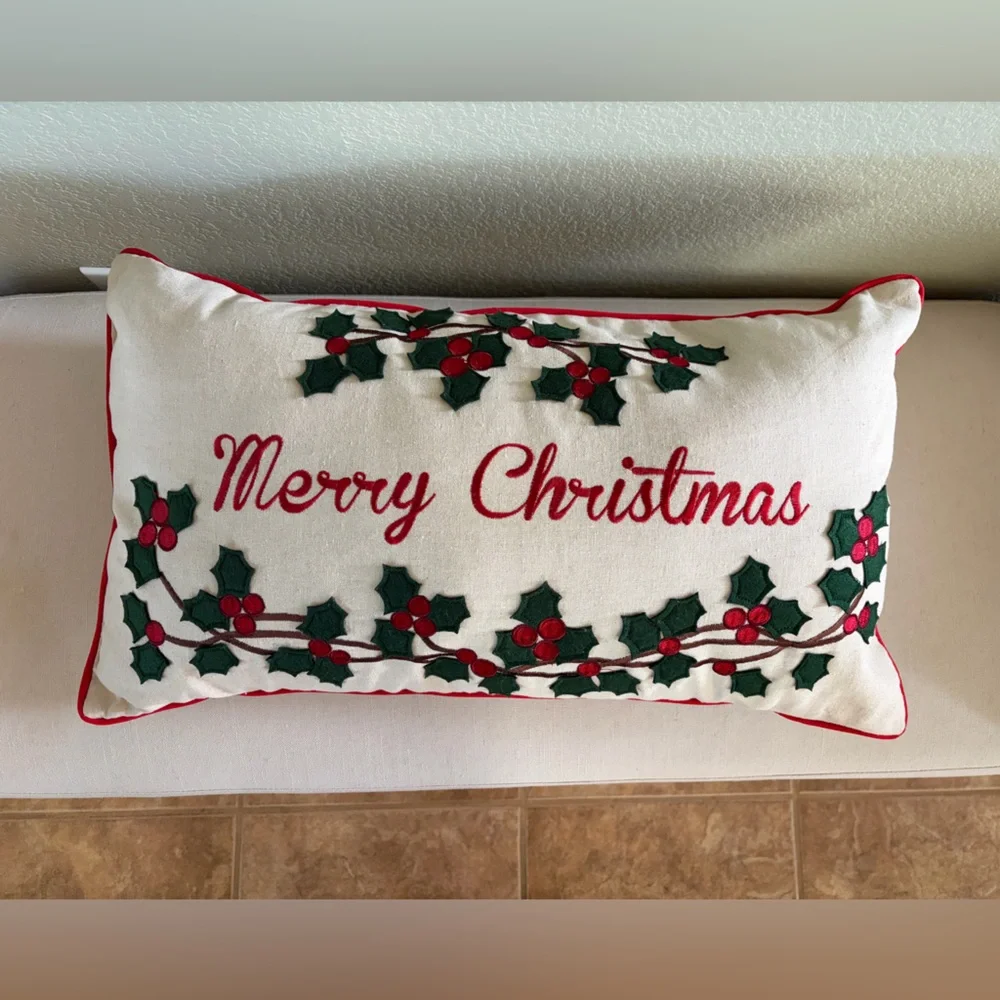 Merry Christmas Lumbar Pillow with Holly Design, 13x22, Great Condition